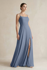 A - Line Chiffon Spaghetti Strap Bridesmaid Dress in Neptune - KISS BRIDAL Bridesmaid Dresses