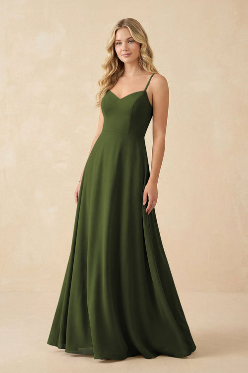 A-Line Chiffon Spaghetti Strap Bridesmaid Dress in Olive - SHE IS ME BRIDESMAID DRESSES