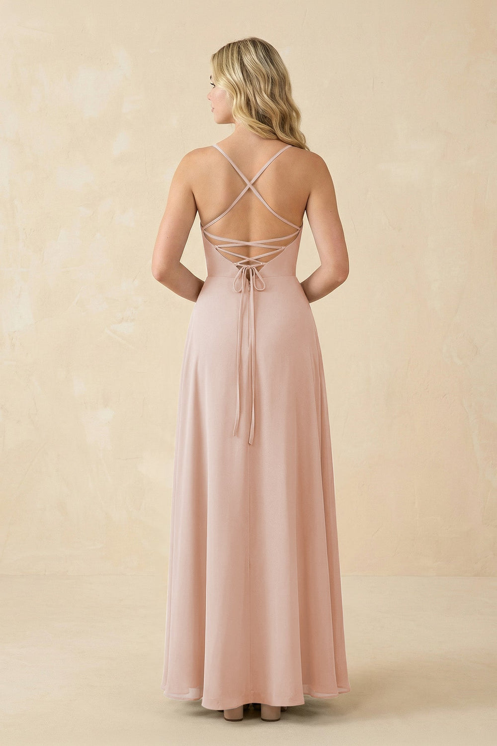A-Line Chiffon Spaghetti Strap Bridesmaid Dress in Pale Blush - KISS BRIDAL BRIDESMAID DRESSES