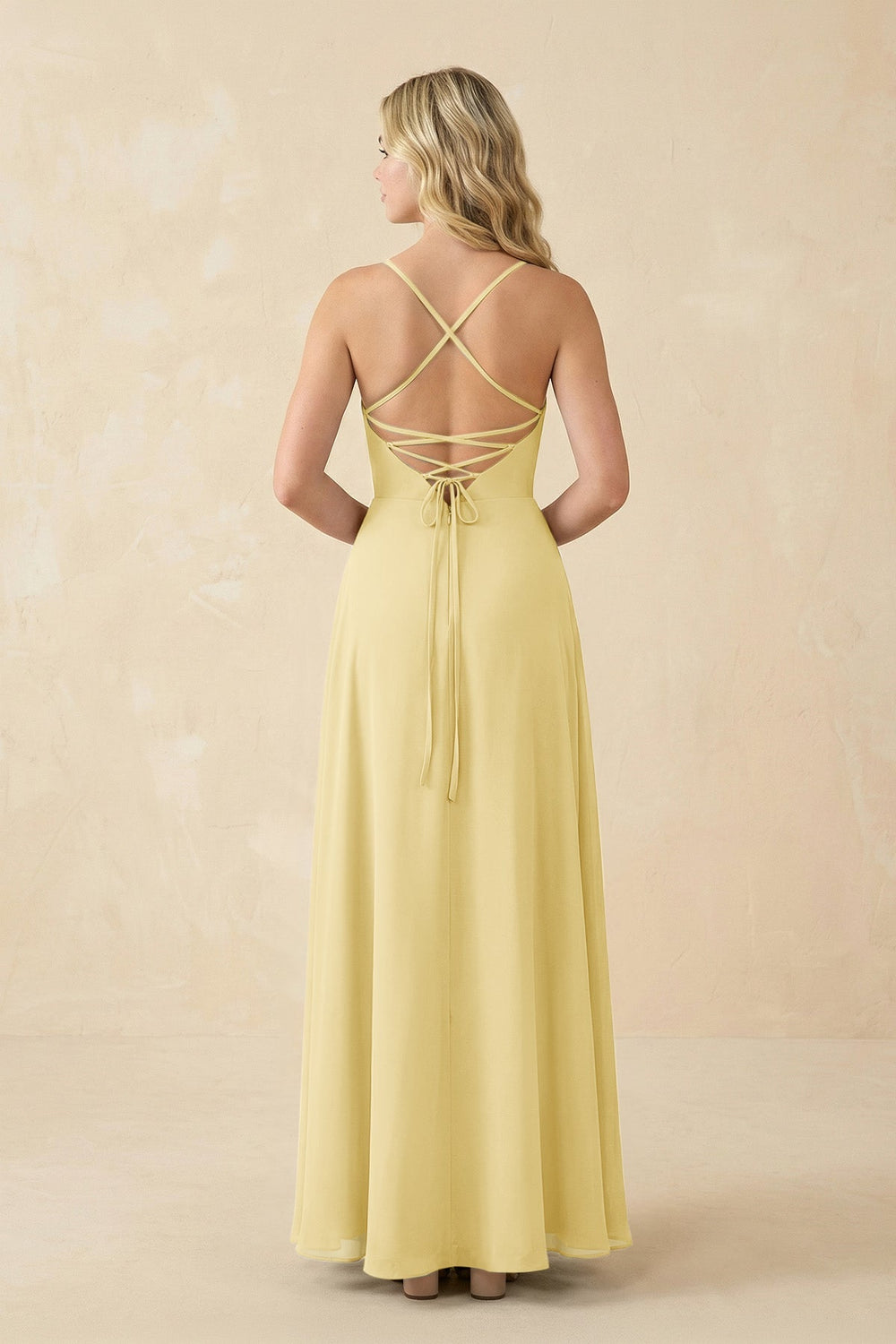 A-Line Chiffon Spaghetti Strap Bridesmaid Dress in Pastel Yellow - KISS BRIDAL BRIDESMAID DRESSES