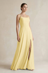 A - Line Chiffon Spaghetti Strap Bridesmaid Dress in Pastel Yellow - KISS BRIDAL Bridesmaid Dresses