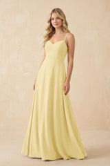 A-Line Chiffon Spaghetti Strap Bridesmaid Dress in Pastel Yellow - KISS BRIDAL BRIDESMAID DRESSES