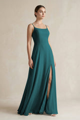 A - Line Chiffon Spaghetti Strap Bridesmaid Dress in Pine - KISS BRIDAL Bridesmaid Dresses