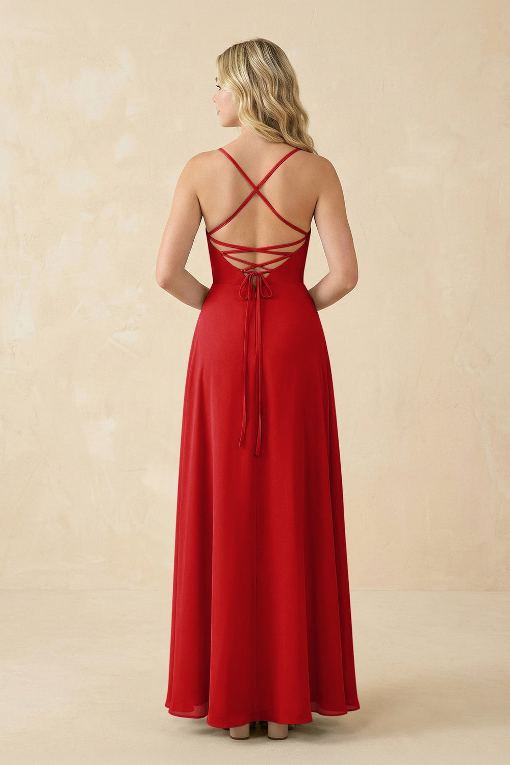 A-Line Chiffon Spaghetti Strap Bridesmaid Dress in Ruby Red - KISS BRIDAL BRIDESMAID DRESSES