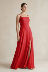 A - Line Chiffon Spaghetti Strap Bridesmaid Dress in Ruby Red - KISS BRIDAL Bridesmaid Dresses