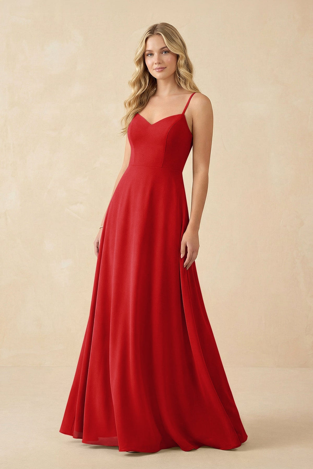 A-Line Chiffon Spaghetti Strap Bridesmaid Dress in Ruby Red - KISS BRIDAL BRIDESMAID DRESSES