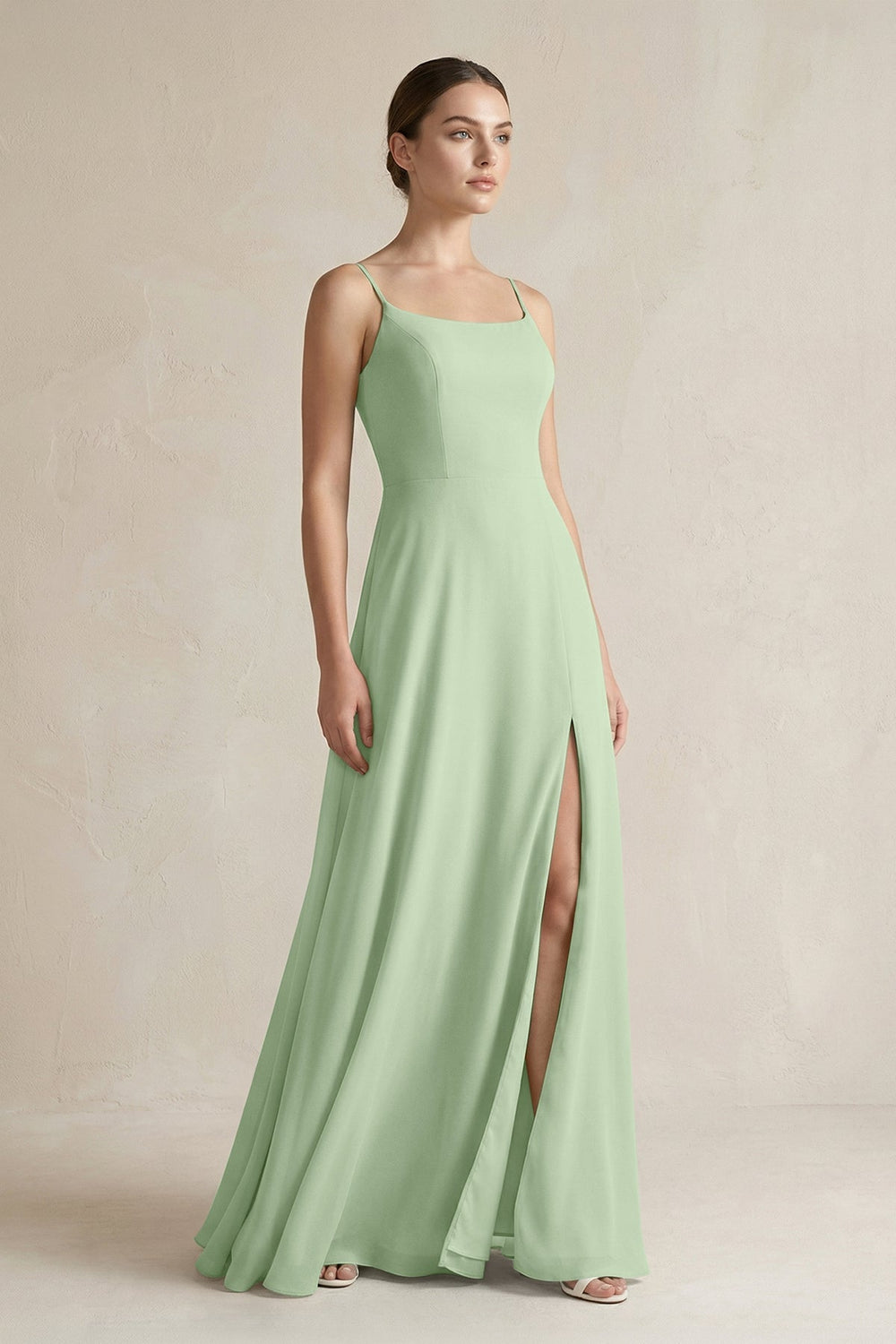 A - Line Chiffon Spaghetti Strap Bridesmaid Dress in Sage - SHE IS ME Bridesmaid Dresses