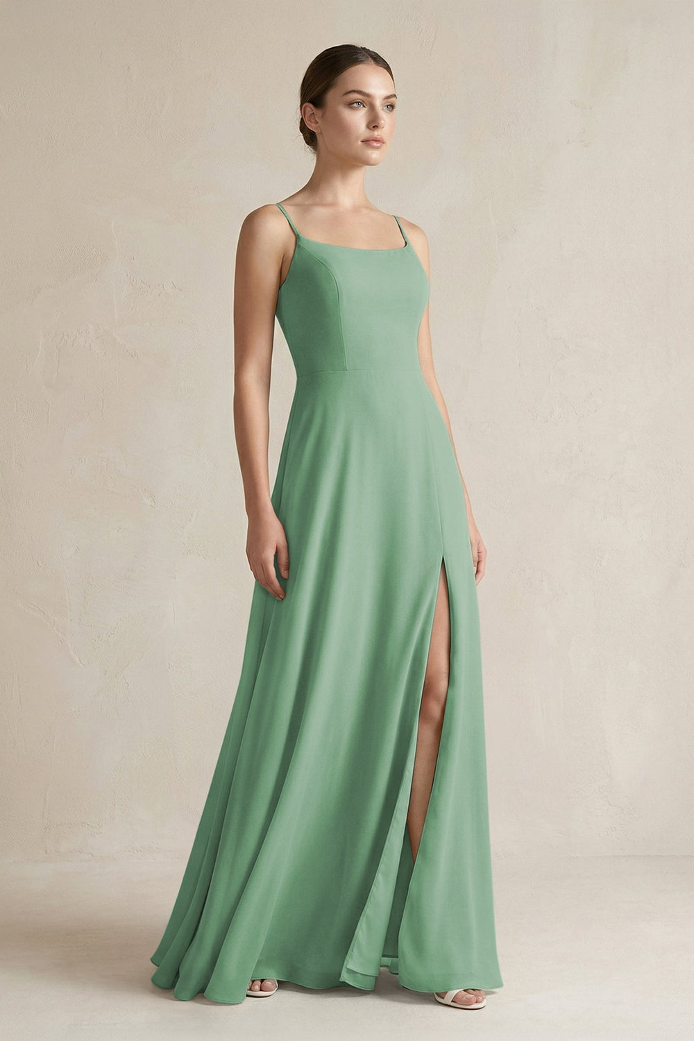 A - Line Chiffon Spaghetti Strap Bridesmaid Dress in Sea Glass - SHE IS ME Bridesmaid Dresses