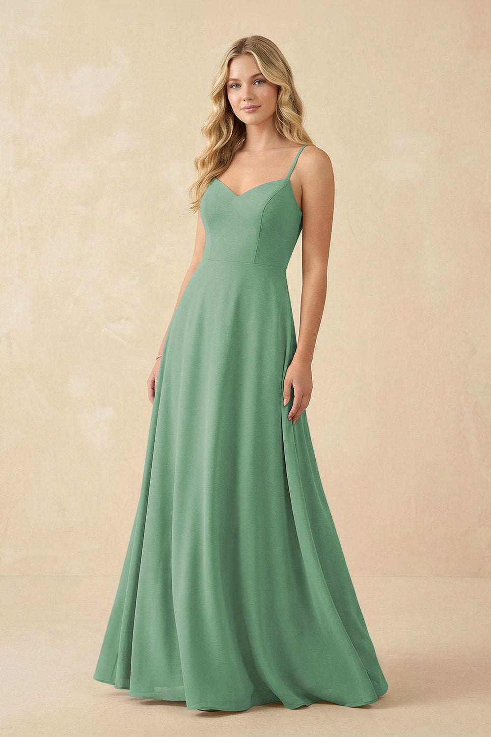 A-Line Chiffon Spaghetti Strap Bridesmaid Dress in Sea Glass - KISS BRIDAL BRIDESMAID DRESSES