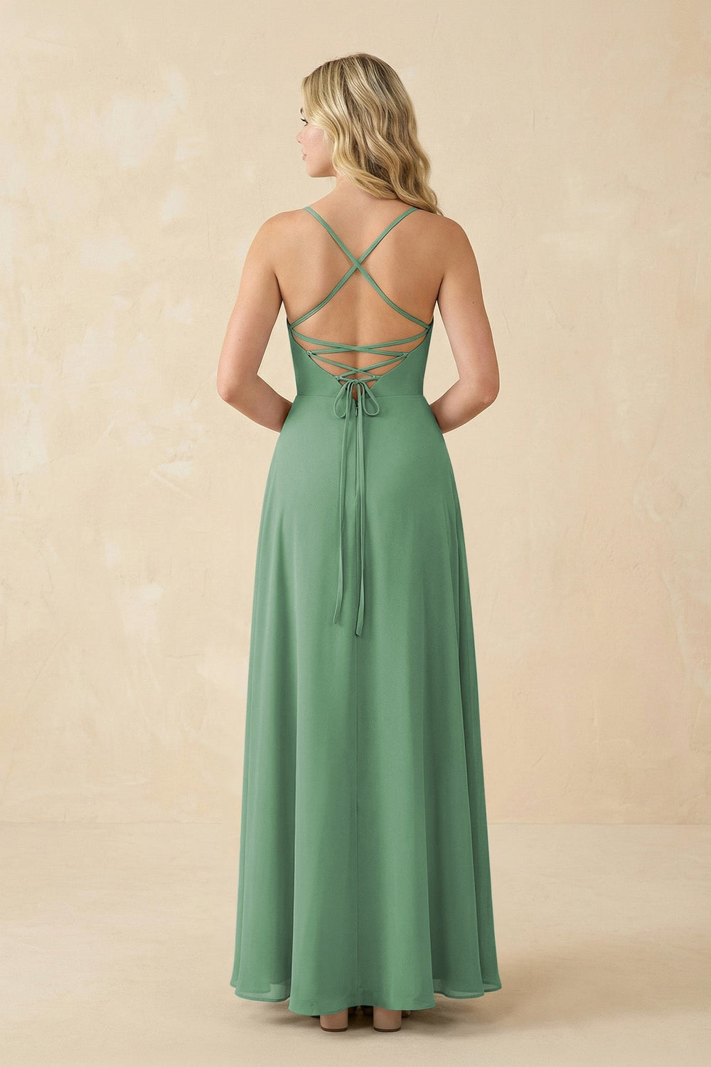 A-Line Chiffon Spaghetti Strap Bridesmaid Dress in Sea Glass - KISS BRIDAL BRIDESMAID DRESSES