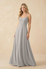 A-Line Chiffon Spaghetti Strap Bridesmaid Dress in Silver - KISS BRIDAL BRIDESMAID DRESSES