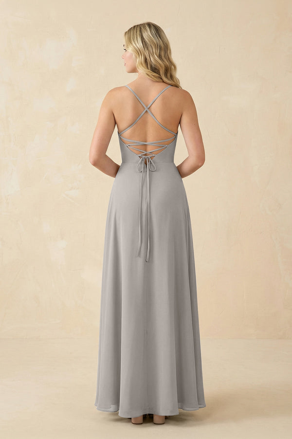 A-Line Chiffon Spaghetti Strap Bridesmaid Dress in Silver - SHE IS ME BRIDESMAID DRESSES