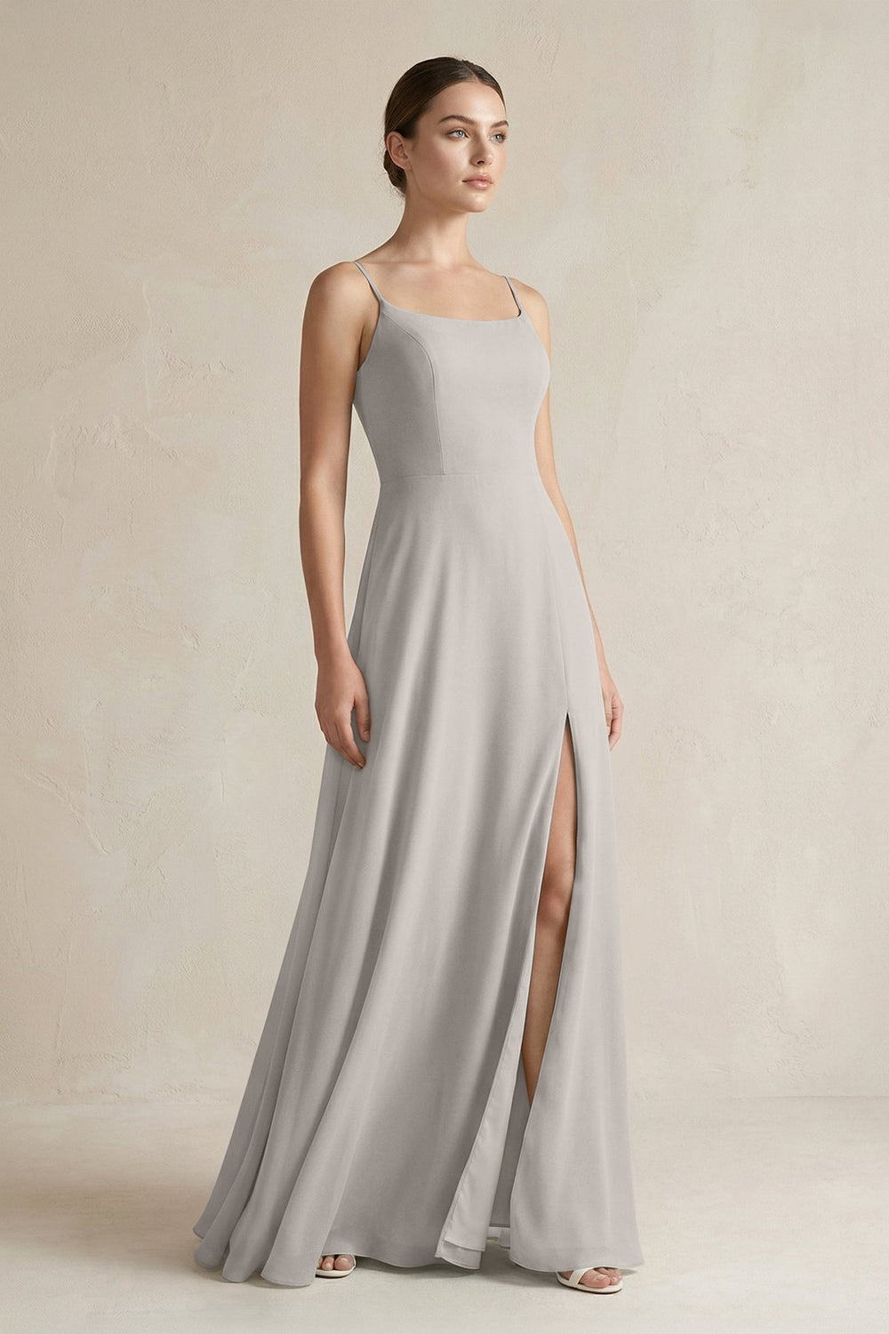 A - Line Chiffon Spaghetti Strap Bridesmaid Dress in Silver - SHE IS ME Bridesmaid Dresses
