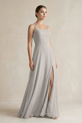 A - Line Chiffon Spaghetti Strap Bridesmaid Dress in Silver - KISS BRIDAL Bridesmaid Dresses