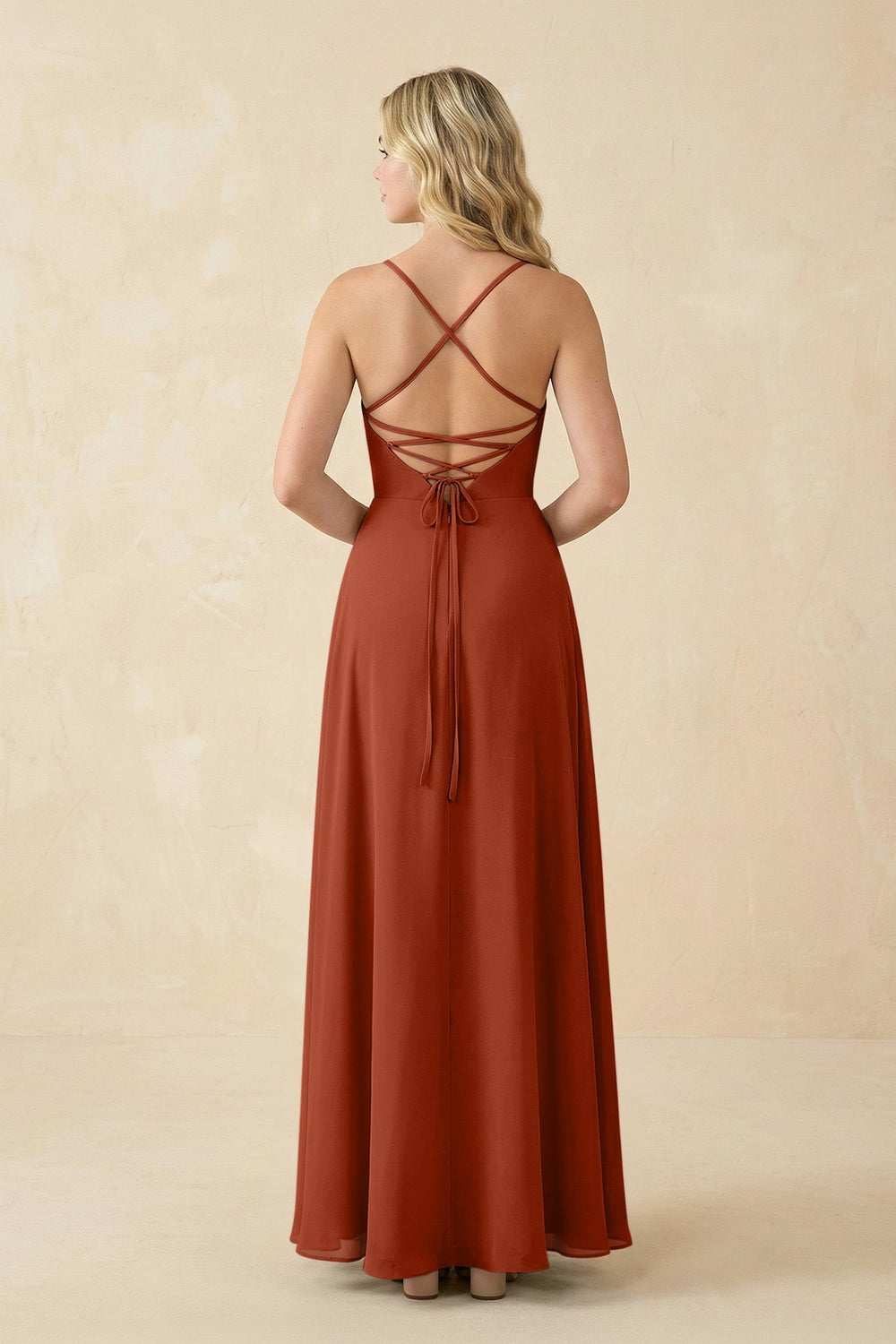 A-Line Chiffon Spaghetti Strap Bridesmaid Dress in Spice - KISS BRIDAL BRIDESMAID DRESSES