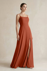 A - Line Chiffon Spaghetti Strap Bridesmaid Dress in Spice - KISS BRIDAL Bridesmaid Dresses