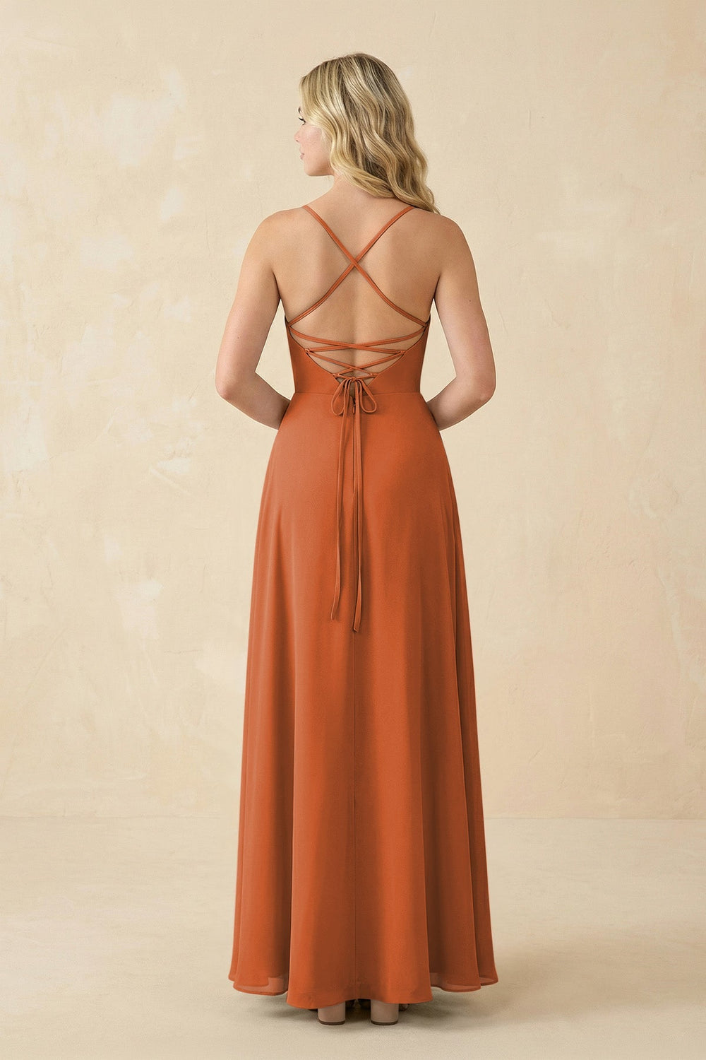 A-Line Chiffon Spaghetti Strap Bridesmaid Dress in Terracotta - KISS BRIDAL BRIDESMAID DRESSES