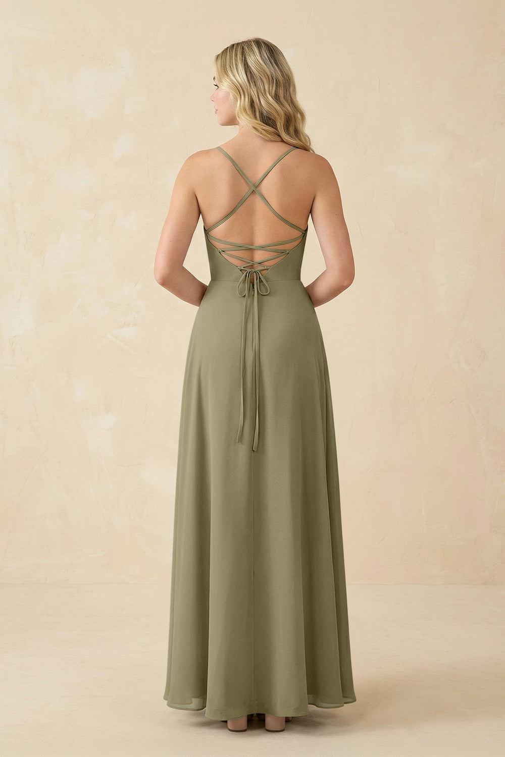 A-Line Chiffon Spaghetti Strap Bridesmaid Dress in Thyme - KISS BRIDAL BRIDESMAID DRESSES