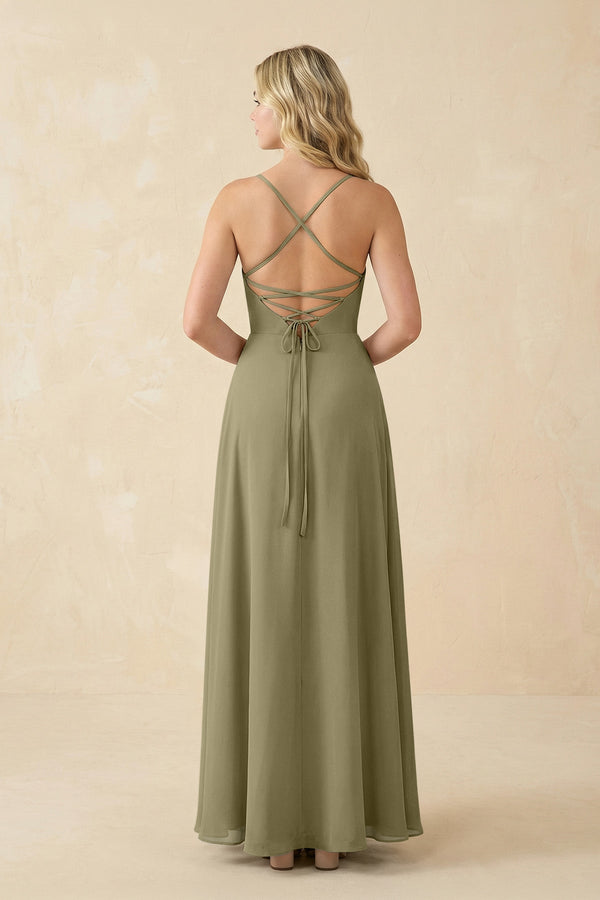 A-Line Chiffon Spaghetti Strap Bridesmaid Dress in Thyme - SHE IS ME BRIDESMAID DRESSES