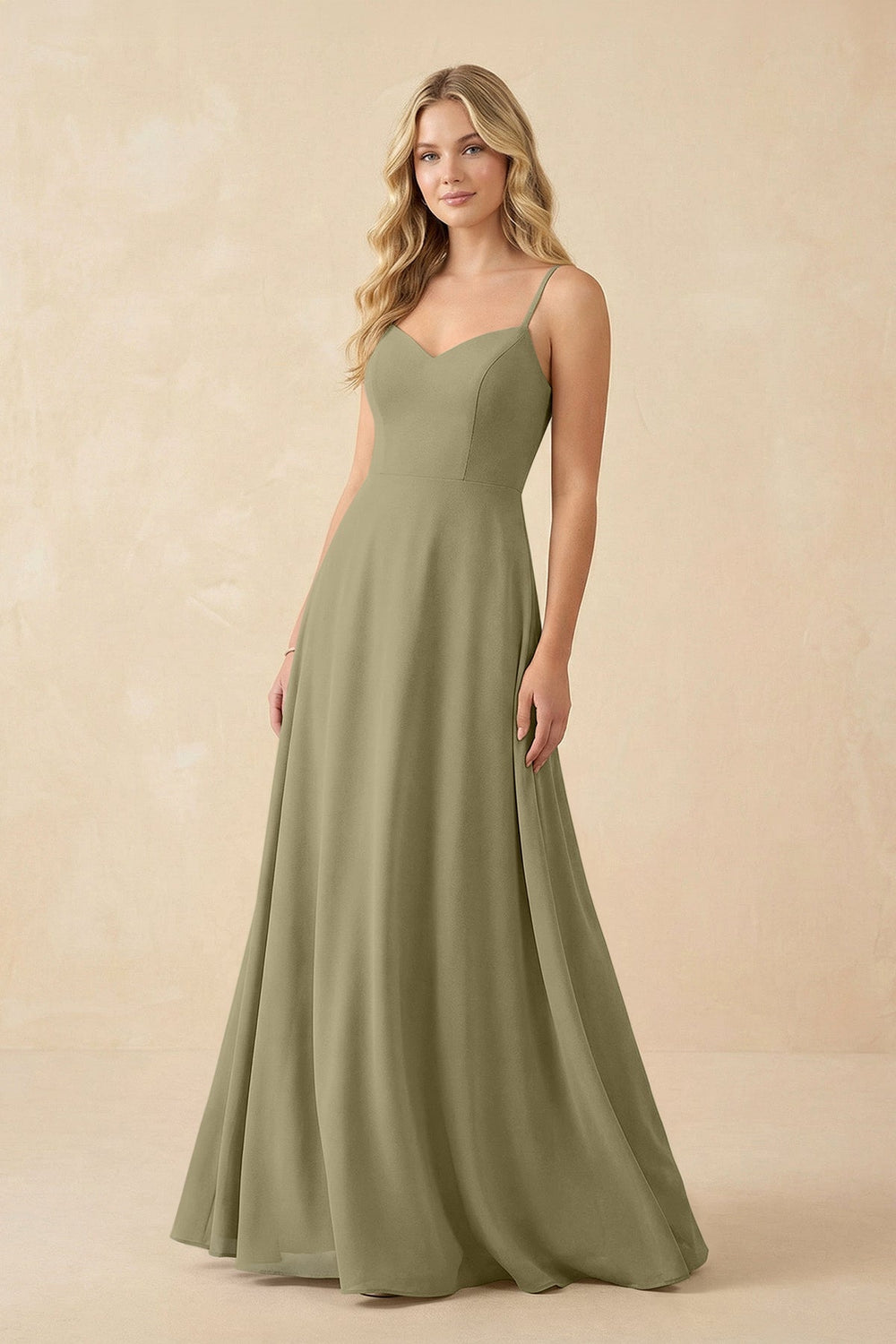 A-Line Chiffon Spaghetti Strap Bridesmaid Dress in Thyme - KISS BRIDAL BRIDESMAID DRESSES