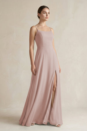 A-Line Chiffon Spaghetti Strap Bridesmaid Dress in Toffee | KISSBRIDAL
