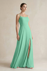 A - Line Chiffon Spaghetti Strap Bridesmaid Dress in Turquoise - KISS BRIDAL Bridesmaid Dresses