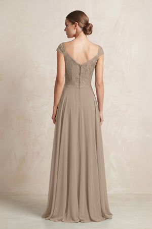 A-Line Chiffon V-Neck Pleated Bridesmaid Dress with Cap Sleeves in Almond (2) | KISSBRIDAL