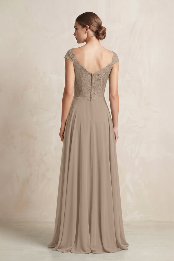 A-Line Chiffon V-Neck Pleated Bridesmaid Dress with Cap Sleeves in Almond (2) | KISSBRIDAL