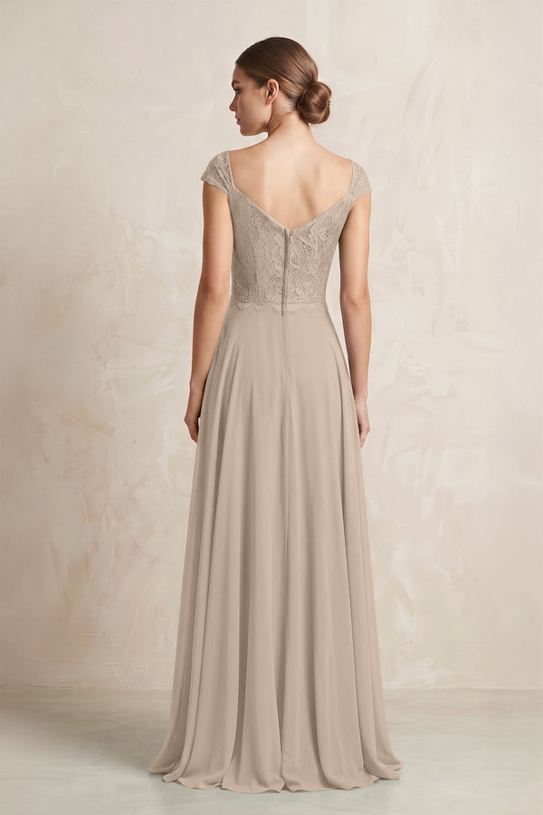 A - Line Chiffon V - Neck Pleated Bridesmaid Dress with Cap Sleeves in Almond - KISS BRIDAL Bridesmaid Dresses