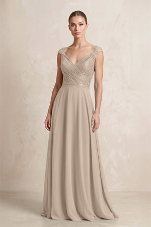 A - Line Chiffon V - Neck Pleated Bridesmaid Dress with Cap Sleeves in Almond - KISS BRIDAL Bridesmaid Dresses
