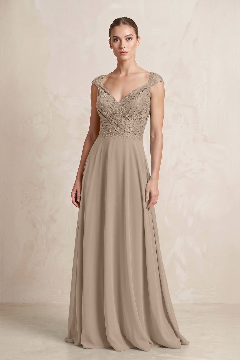 A-Line Chiffon V-Neck Pleated Bridesmaid Dress with Cap Sleeves in Almond
