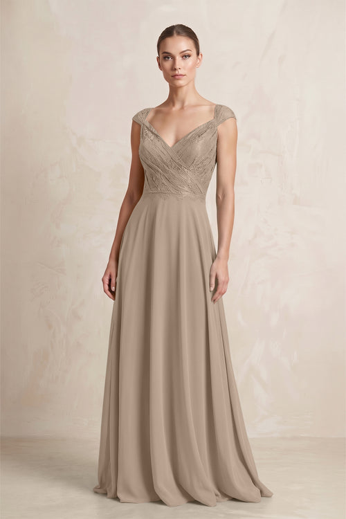 A-Line Chiffon V-Neck Pleated Bridesmaid Dress with Cap Sleeves in Almond | KISSBRIDAL