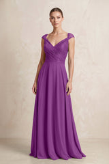 A - Line Chiffon V - Neck Pleated Bridesmaid Dress with Cap Sleeves in Amethyst - KISS BRIDAL Bridesmaid Dresses