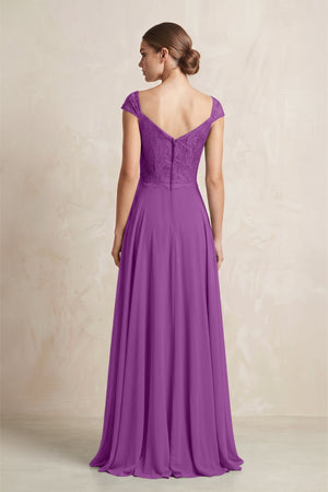 A - Line Chiffon V - Neck Pleated Bridesmaid Dress with Cap Sleeves in Amethyst - KISS BRIDAL Bridesmaid Dresses