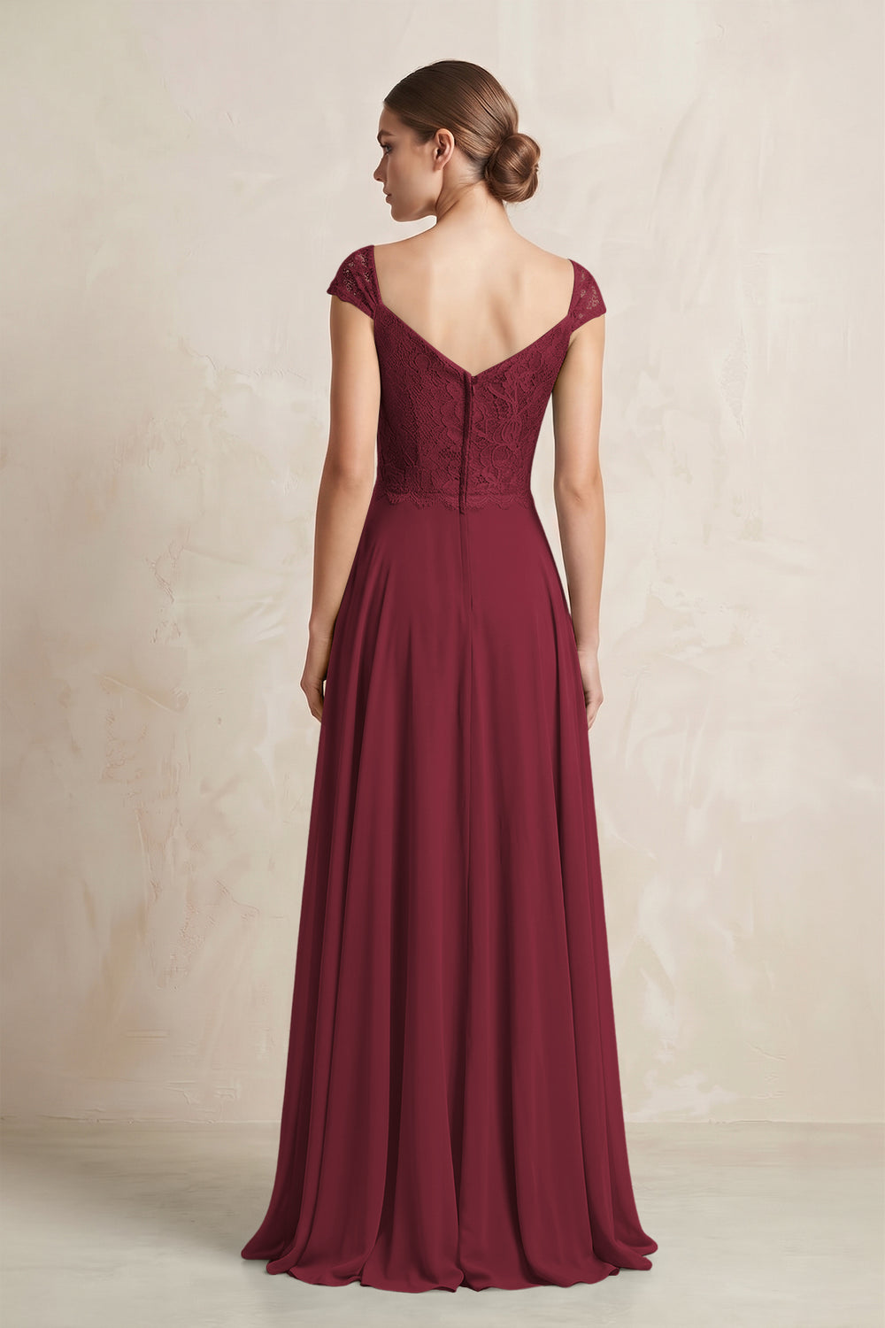 A-Line Chiffon V-Neck Pleated Bridesmaid Dress with Cap Sleeves in Berry