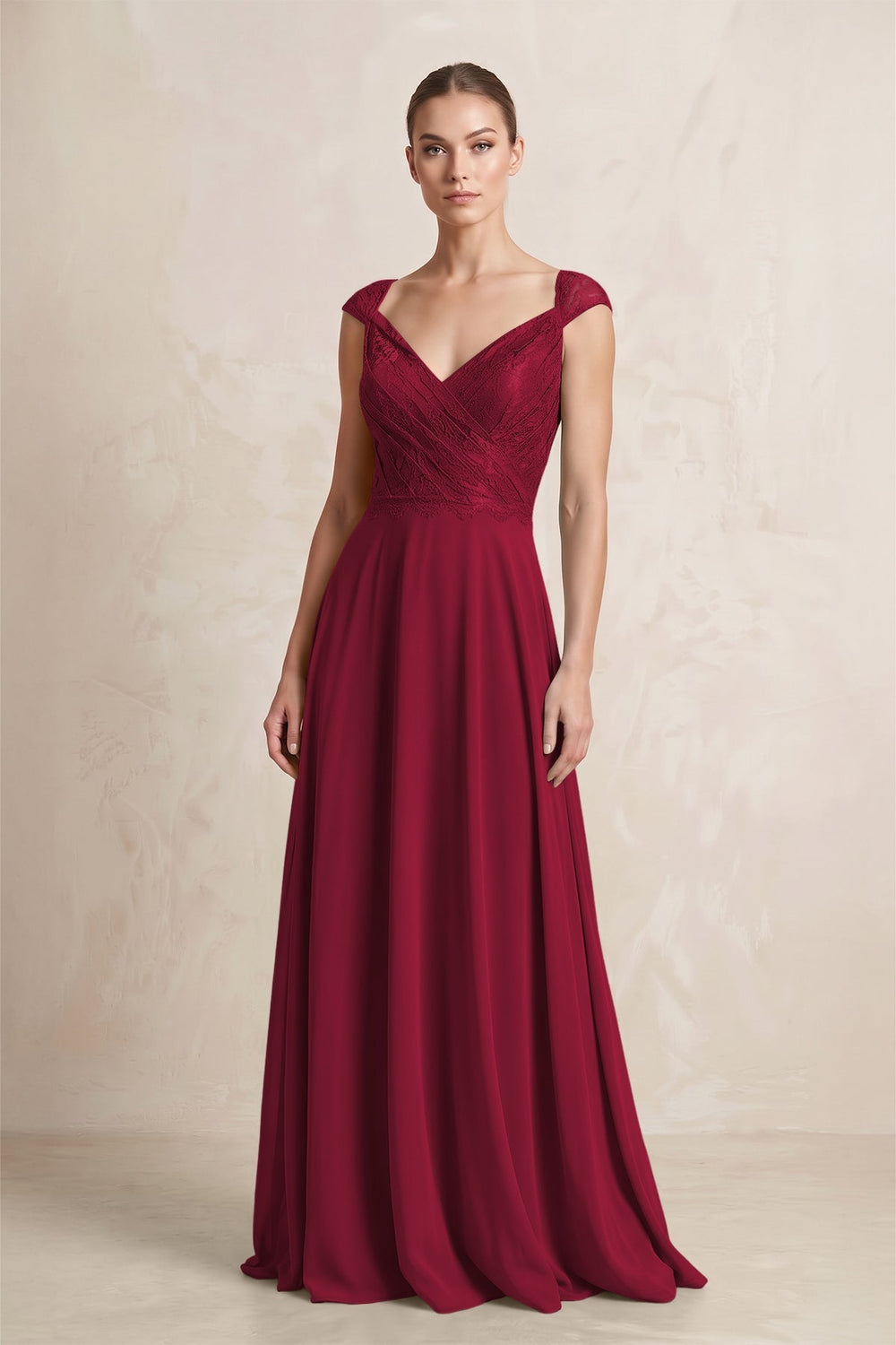 A - Line Chiffon V - Neck Pleated Bridesmaid Dress with Cap Sleeves in Berry - KISS BRIDAL Bridesmaid Dresses