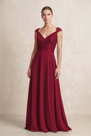 A - Line Chiffon V - Neck Pleated Bridesmaid Dress with Cap Sleeves in Berry - KISS BRIDAL Bridesmaid Dresses