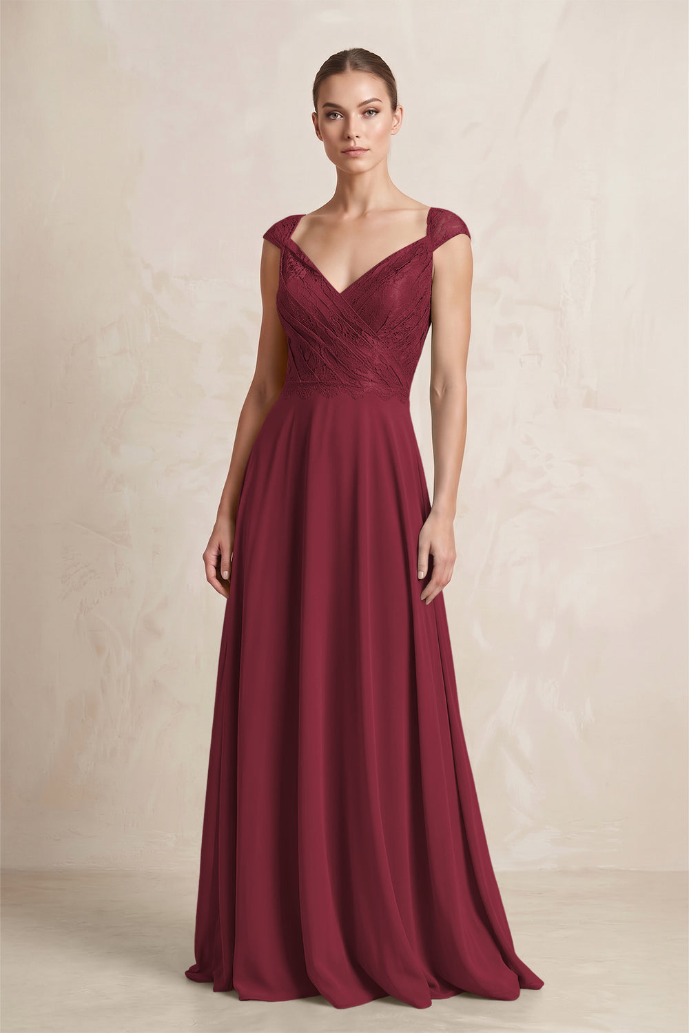 A-Line Chiffon V-Neck Pleated Bridesmaid Dress with Cap Sleeves in Berry