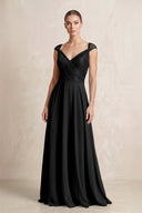 A - Line Chiffon V - Neck Pleated Bridesmaid Dress with Cap Sleeves in Black - KISS BRIDAL Bridesmaid Dresses