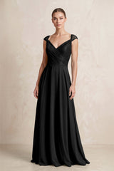 A - Line Chiffon V - Neck Pleated Bridesmaid Dress with Cap Sleeves in Black - KISS BRIDAL Bridesmaid Dresses