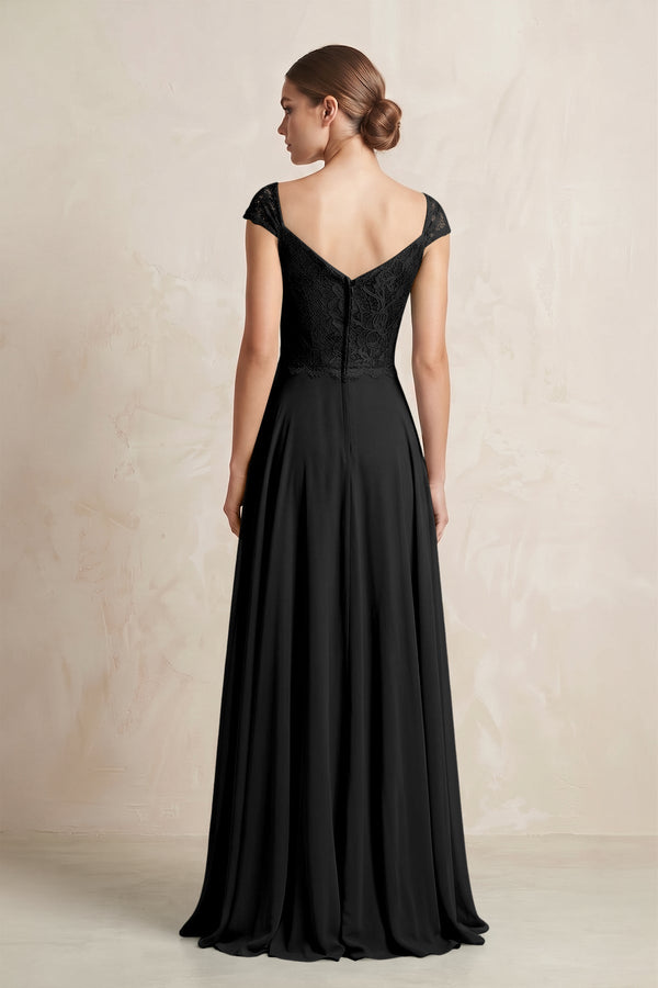 A - Line Chiffon V - Neck Pleated Bridesmaid Dress with Cap Sleeves in Black - KISS BRIDAL Bridesmaid Dresses