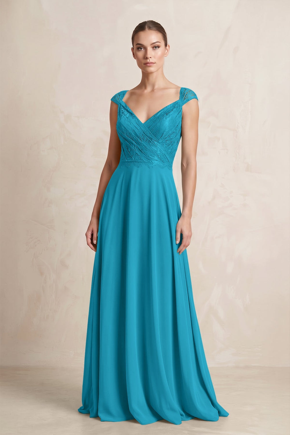 A - Line Chiffon V - Neck Pleated Bridesmaid Dress with Cap Sleeves in Blue Jay - KISS BRIDAL Bridesmaid Dresses