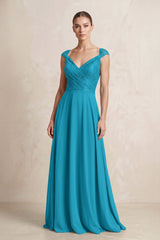 A - Line Chiffon V - Neck Pleated Bridesmaid Dress with Cap Sleeves in Blue Jay - KISS BRIDAL Bridesmaid Dresses