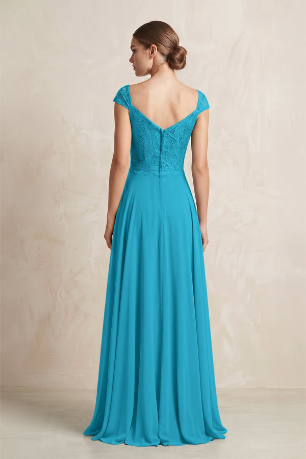 A - Line Chiffon V - Neck Pleated Bridesmaid Dress with Cap Sleeves in Blue Jay - KISS BRIDAL Bridesmaid Dresses