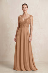A - Line Chiffon V - Neck Pleated Bridesmaid Dress with Cap Sleeves in Bronzer - KISS BRIDAL Bridesmaid Dresses