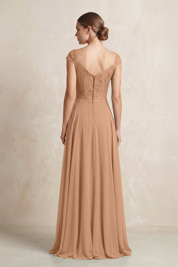 A - Line Chiffon V - Neck Pleated Bridesmaid Dress with Cap Sleeves in Bronzer - KISS BRIDAL Bridesmaid Dresses