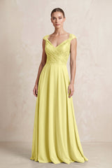 A - Line Chiffon V - Neck Pleated Bridesmaid Dress with Cap Sleeves in Buttercup - KISS BRIDAL Bridesmaid Dresses