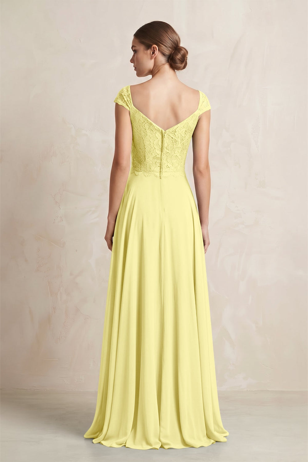 A - Line Chiffon V - Neck Pleated Bridesmaid Dress with Cap Sleeves in Buttercup - KISS BRIDAL Bridesmaid Dresses