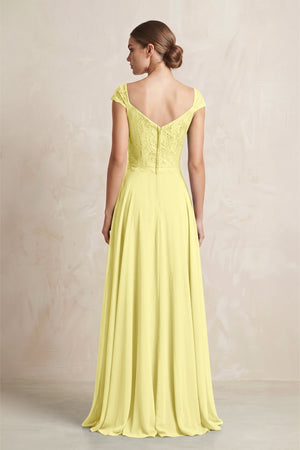 A - Line Chiffon V - Neck Pleated Bridesmaid Dress with Cap Sleeves in Buttercup - KISS BRIDAL Bridesmaid Dresses