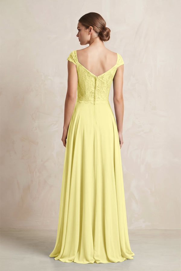 A - Line Chiffon V - Neck Pleated Bridesmaid Dress with Cap Sleeves in Buttercup - KISS BRIDAL Bridesmaid Dresses